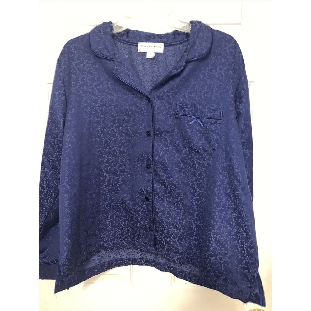 Miss Elaine Satin Collared Printed Pajama Top Blue Size PL
